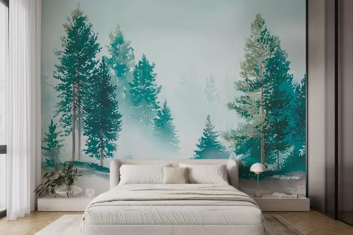 Murales de pared Bosque de pinos brumoso en estilo acuarela w09444 murales de pared Bosque de pinos brumoso en estilo acuarela w09444