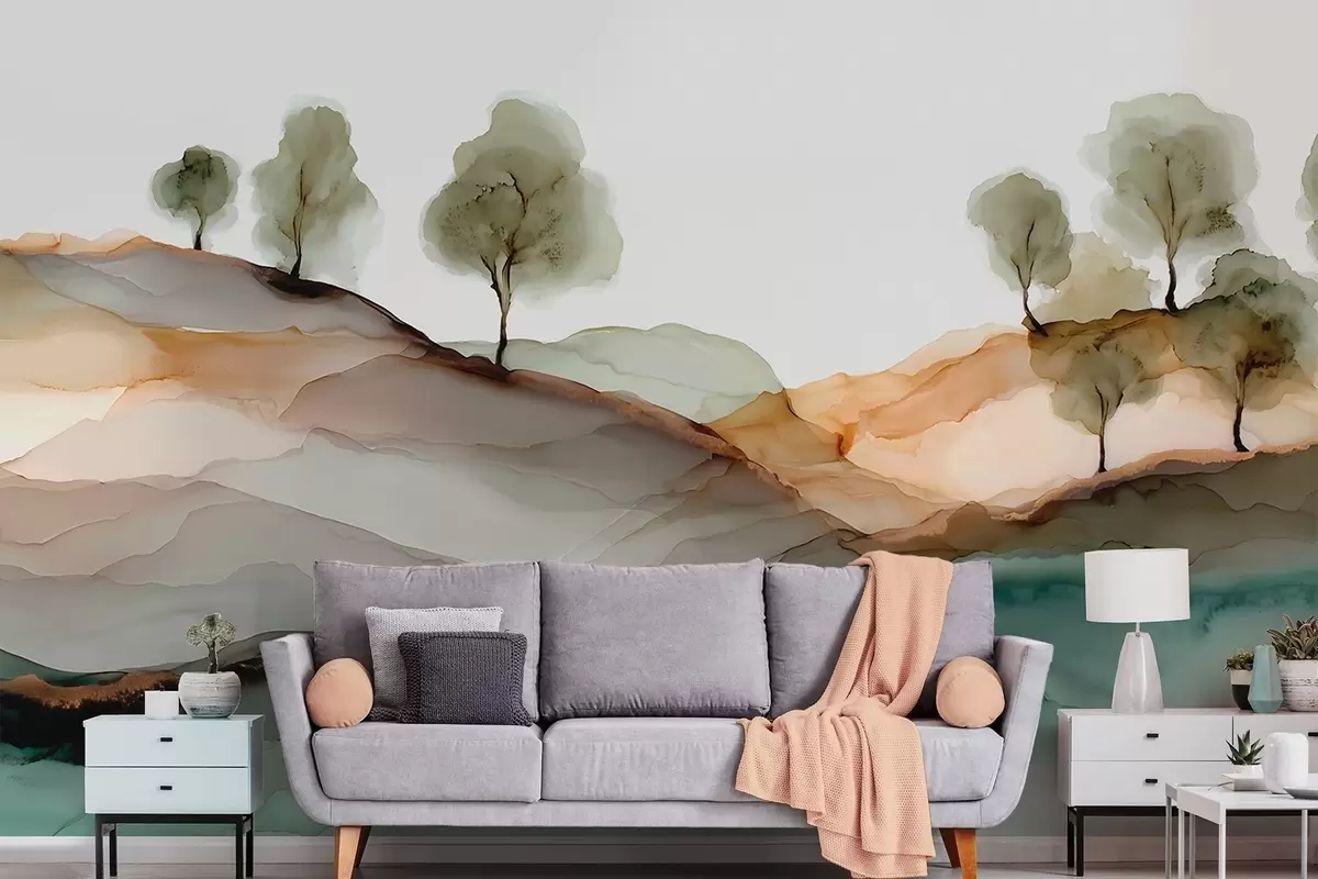 Murales de pared Paisaje abstracto en estilo tinta alcohólica: colinas y árboles en tonos pastel. w09457 murales de pared Paisaje abstracto en estilo tinta alcohólica: colinas y árboles en tonos pastel. w09457