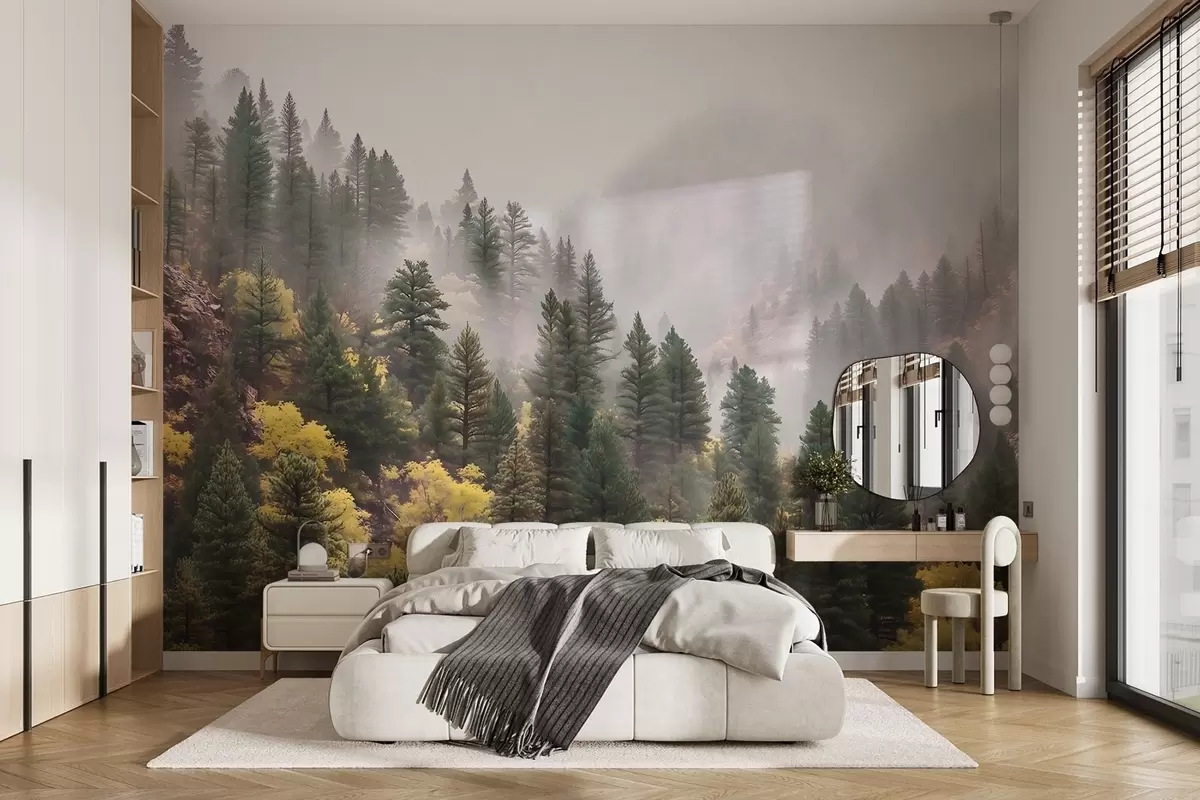 Murales de pared Bosque de pinos brumoso y evocador en las montañas w09463 murales de pared Bosque de pinos brumoso y evocador en las montañas w09463