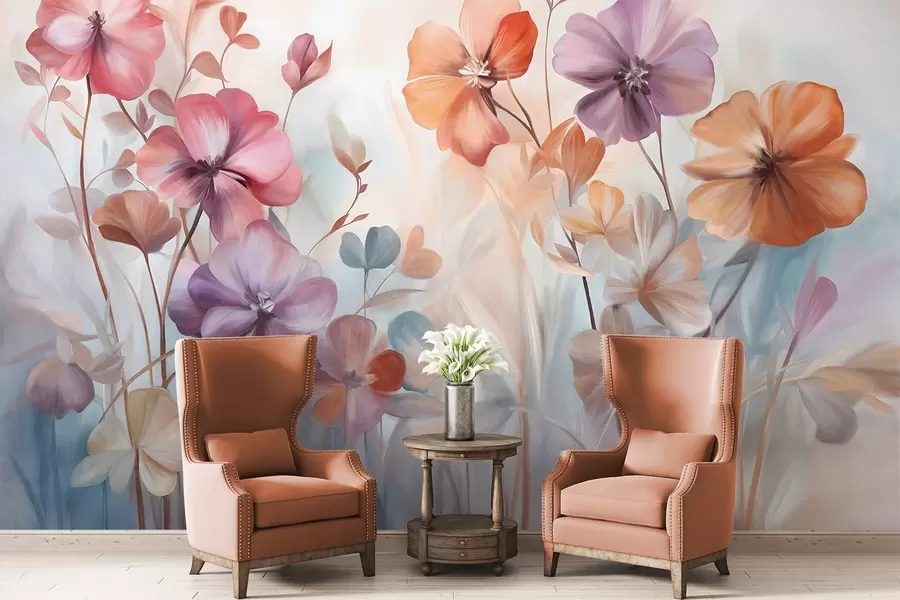 murales de pared Arreglo floral texturizado con flores rosas, moradas y naranjas con tallos y hojas verdes, en suaves colores pastel w09486