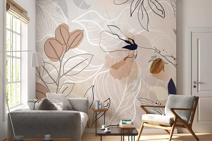 murales de pared Fondo abstracto beige con dibujo lineal de hojas y flores, moderno, minimalista, formas orgánicas, estampado botánico w09487