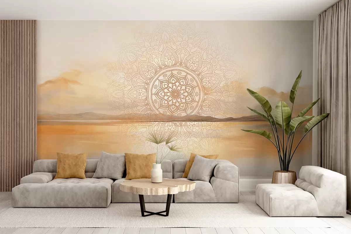 Murales de pared Diseño mandala simétrico con textura superpuesto a un paisaje con mar, colinas y cielo, en suaves colores pastel. w09491 murales de pared Diseño mandala simétrico con textura superpuesto a un paisaje con mar, colinas y cielo, en suaves colores pastel. w09491