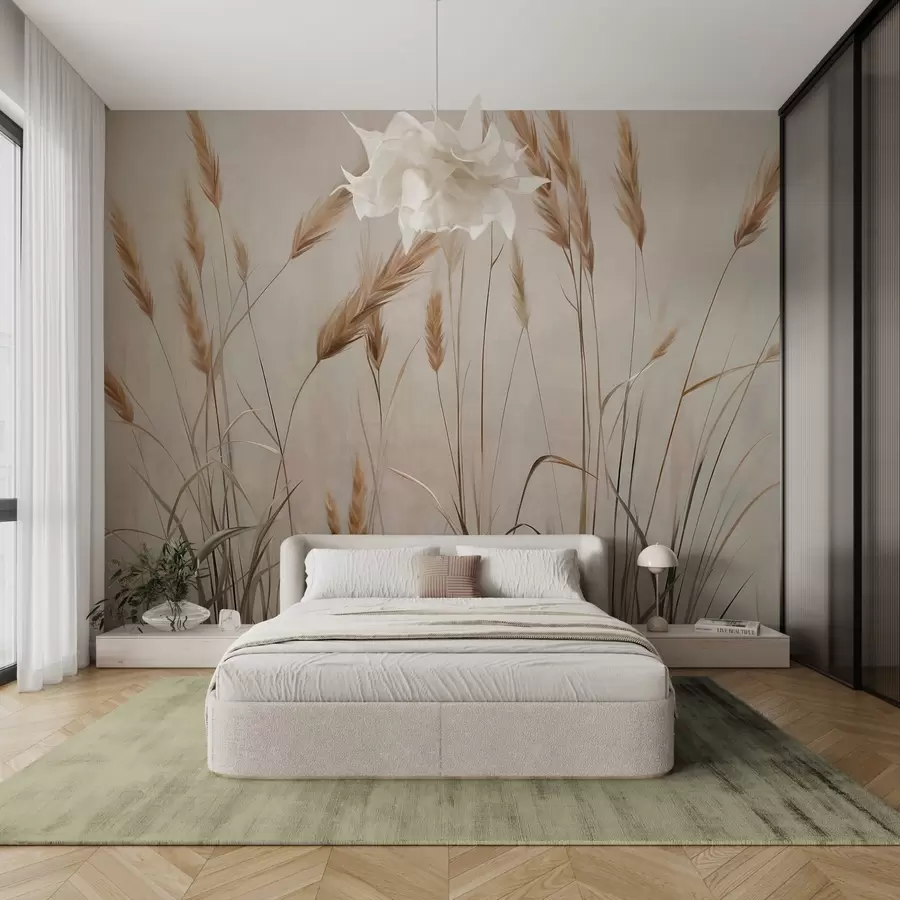 murales de pared Campo con textura de trigo con espigas amarillas, fondo beige, iluminación natural, tonos cálidos, pinceladas detalladas w09493