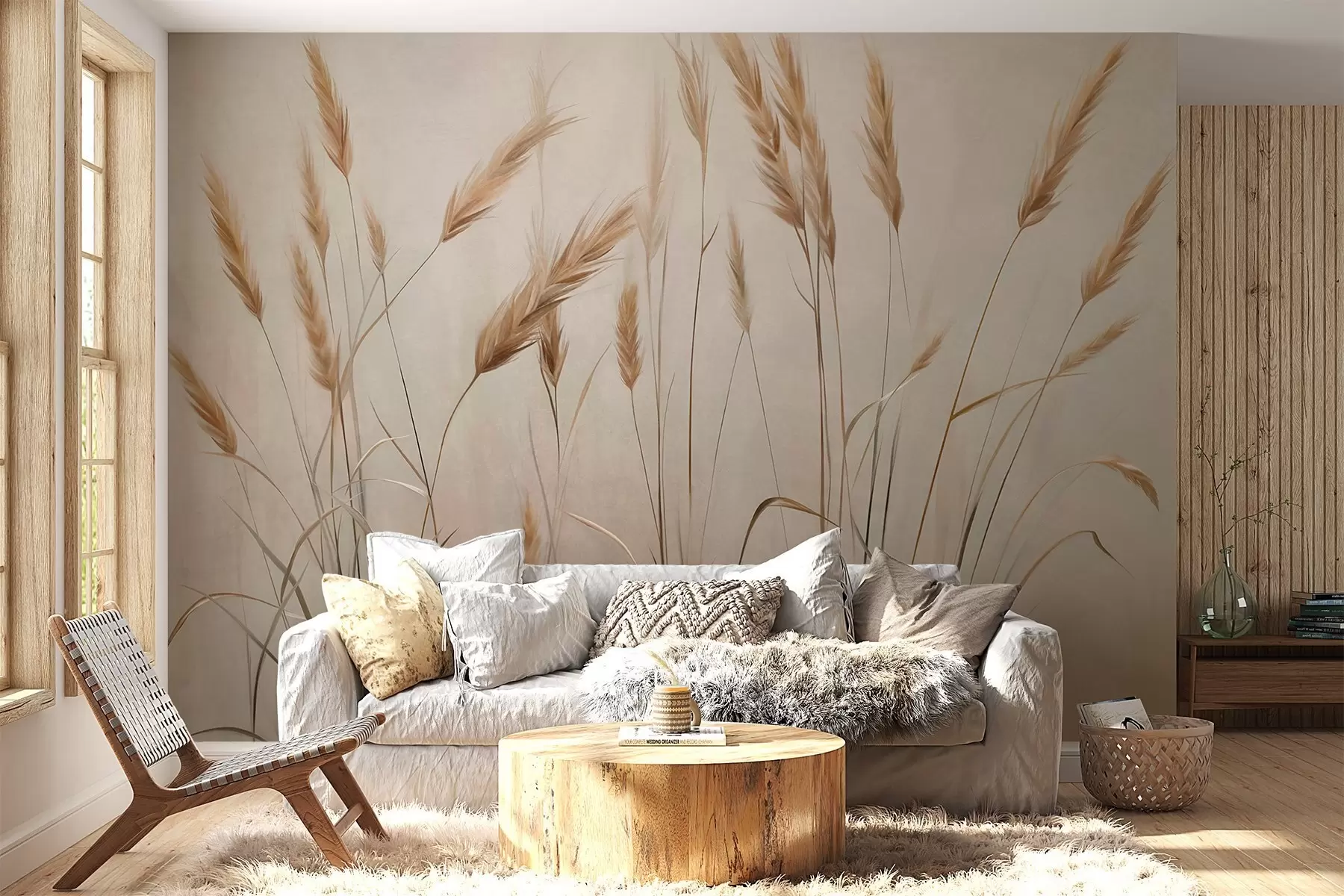 murales de pared Campo con textura de trigo con espigas amarillas, fondo beige, iluminación natural, tonos cálidos, pinceladas detalladas w09493