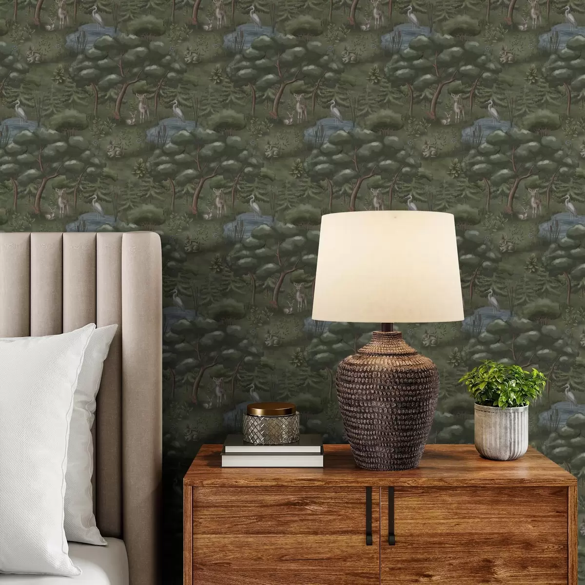 Papel pintado Claro del bosque con cervatillos, conejos y garzas a00680