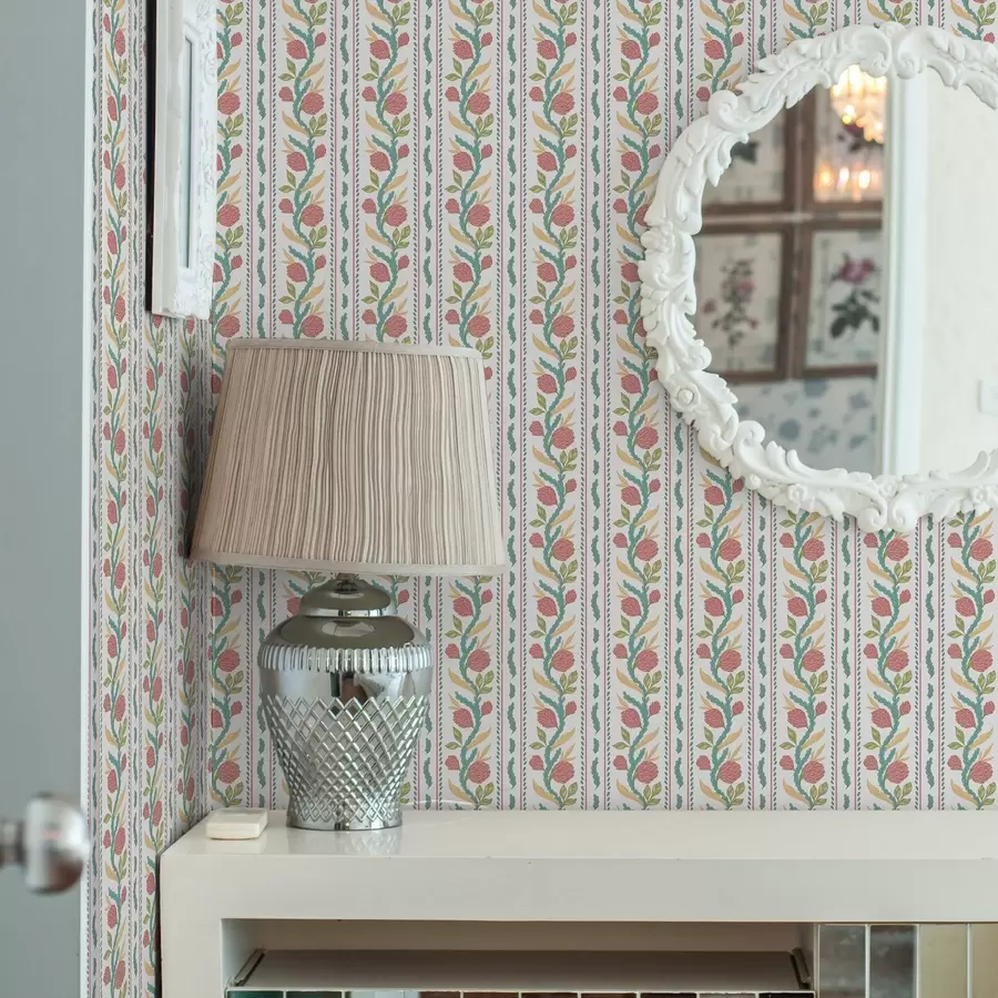 murales de pared Rayas verticales con flores de coral y hojas turquesas. a00816