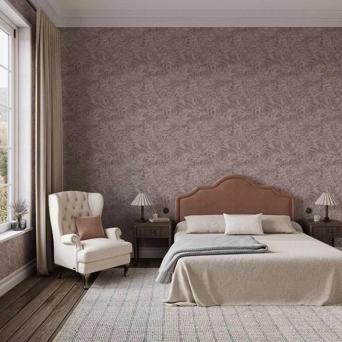 Papel pintado Rosas grabadas en marrón grisáceo oscuro a00841