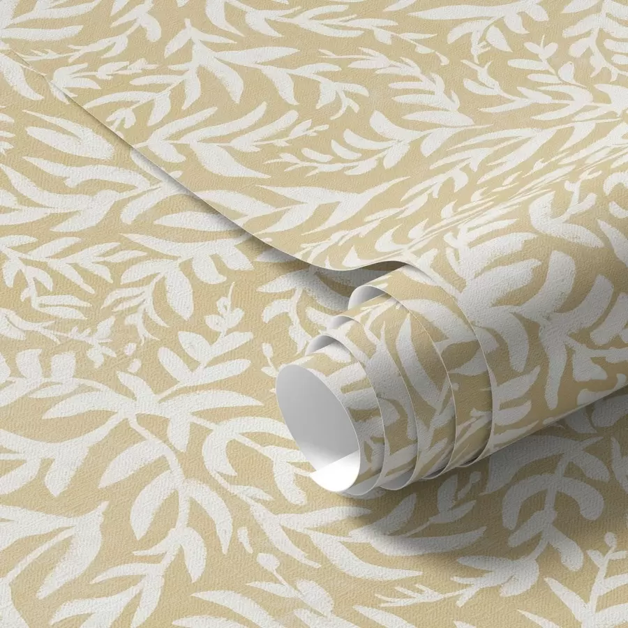 murales de pared Patrón de hojas blancas sobre ocráceo cálido, ritmo arremolinado a00845