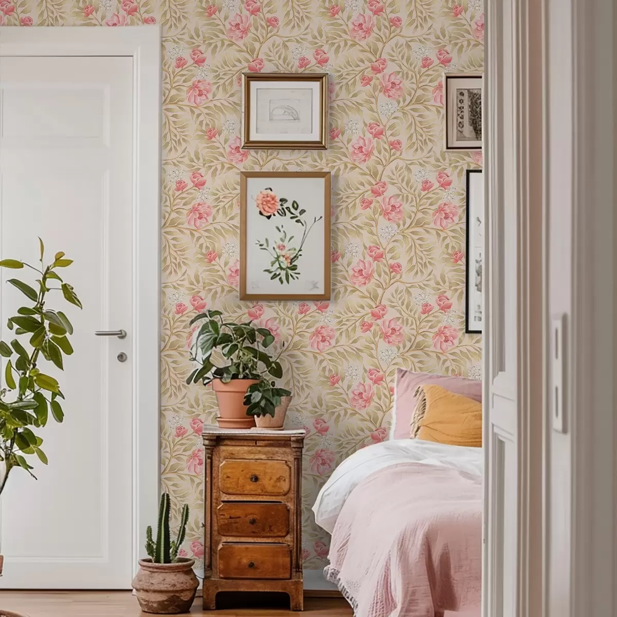 Papel pintado Flores rosas, flores blancas y follaje en tonos ocres a00855