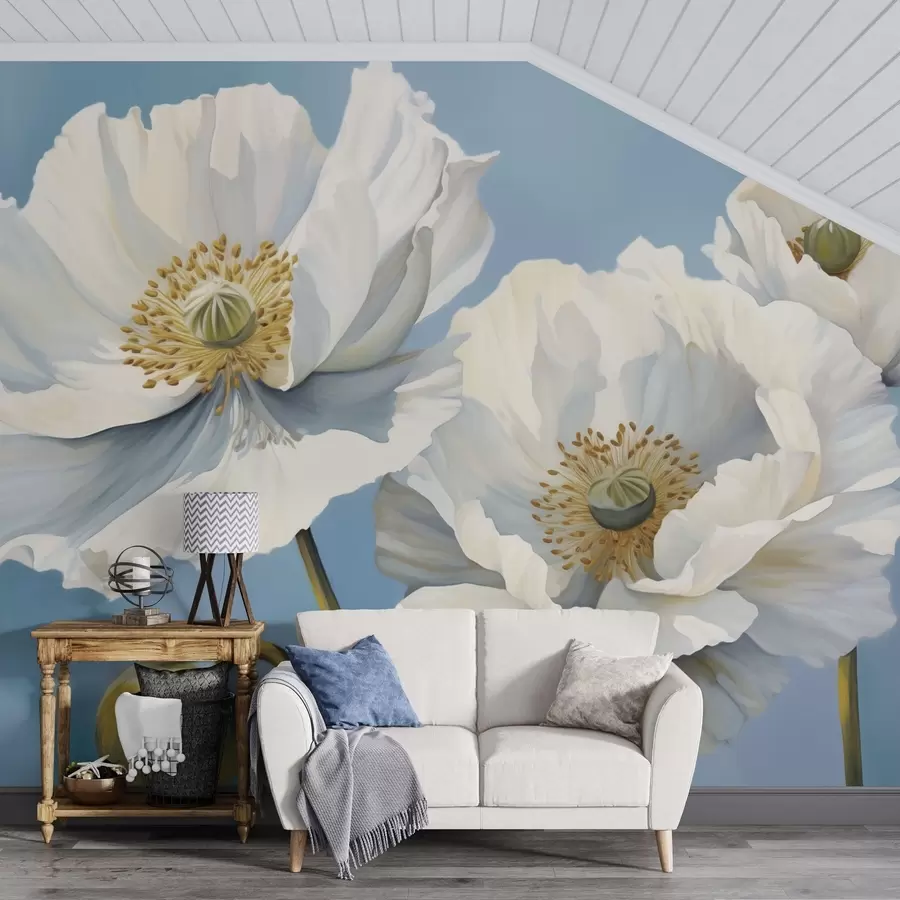 murales de pared Amapolas blancas con pétalos grandes sobre un fondo azul cielo w04786