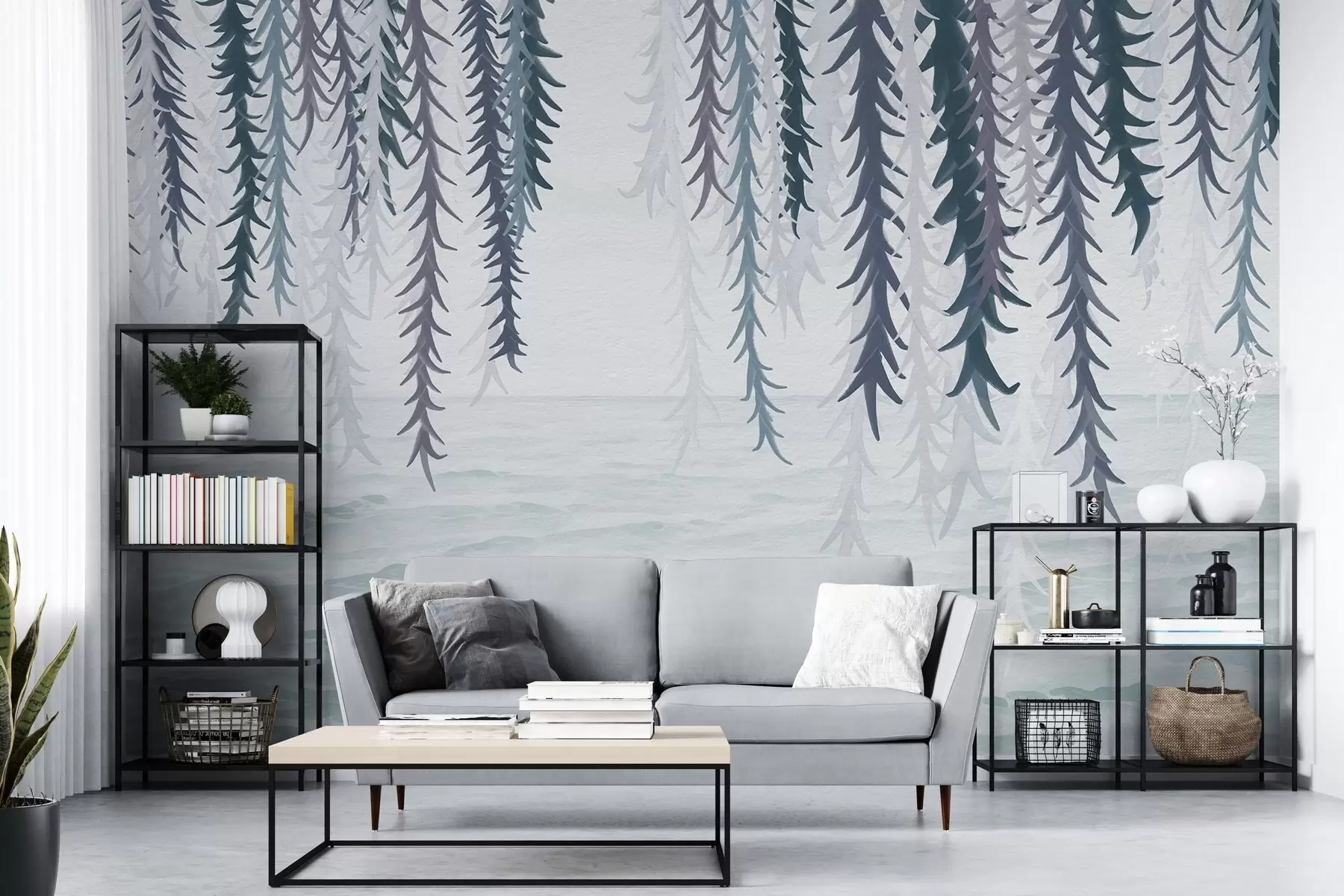 murales de pared Delicadas enredaderas colgando sobre el agua, estilo acuarela. w04830v3