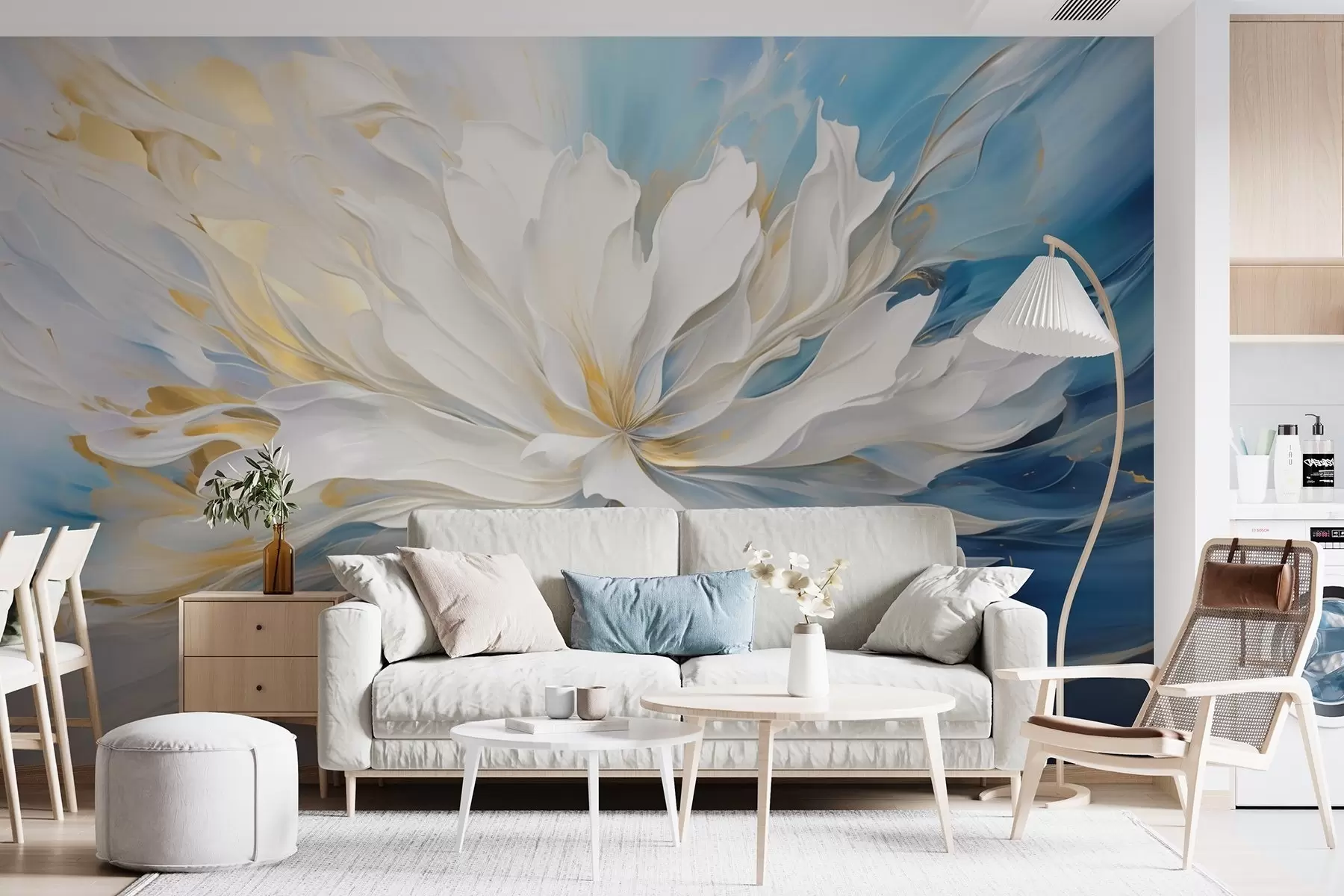 murales de pared Gran peonía blanca en estilo pintura al óleo sobre fondo azul y amarillo. w09511