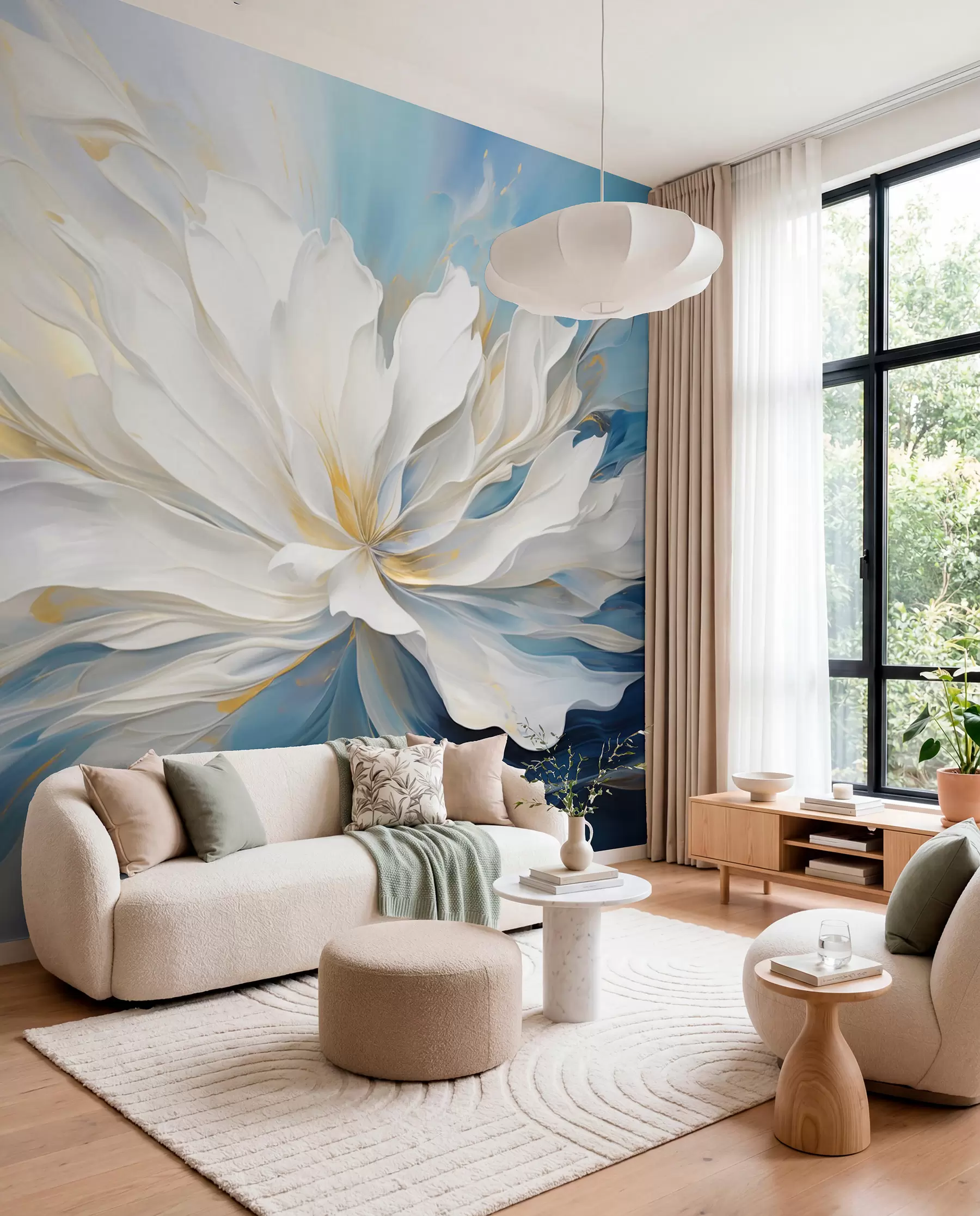 murales de pared Peonía blanca en azul océano w09511