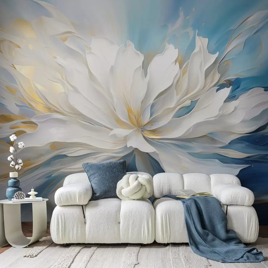 murales de pared Gran peonía blanca en estilo pintura al óleo sobre fondo azul y amarillo. w09511