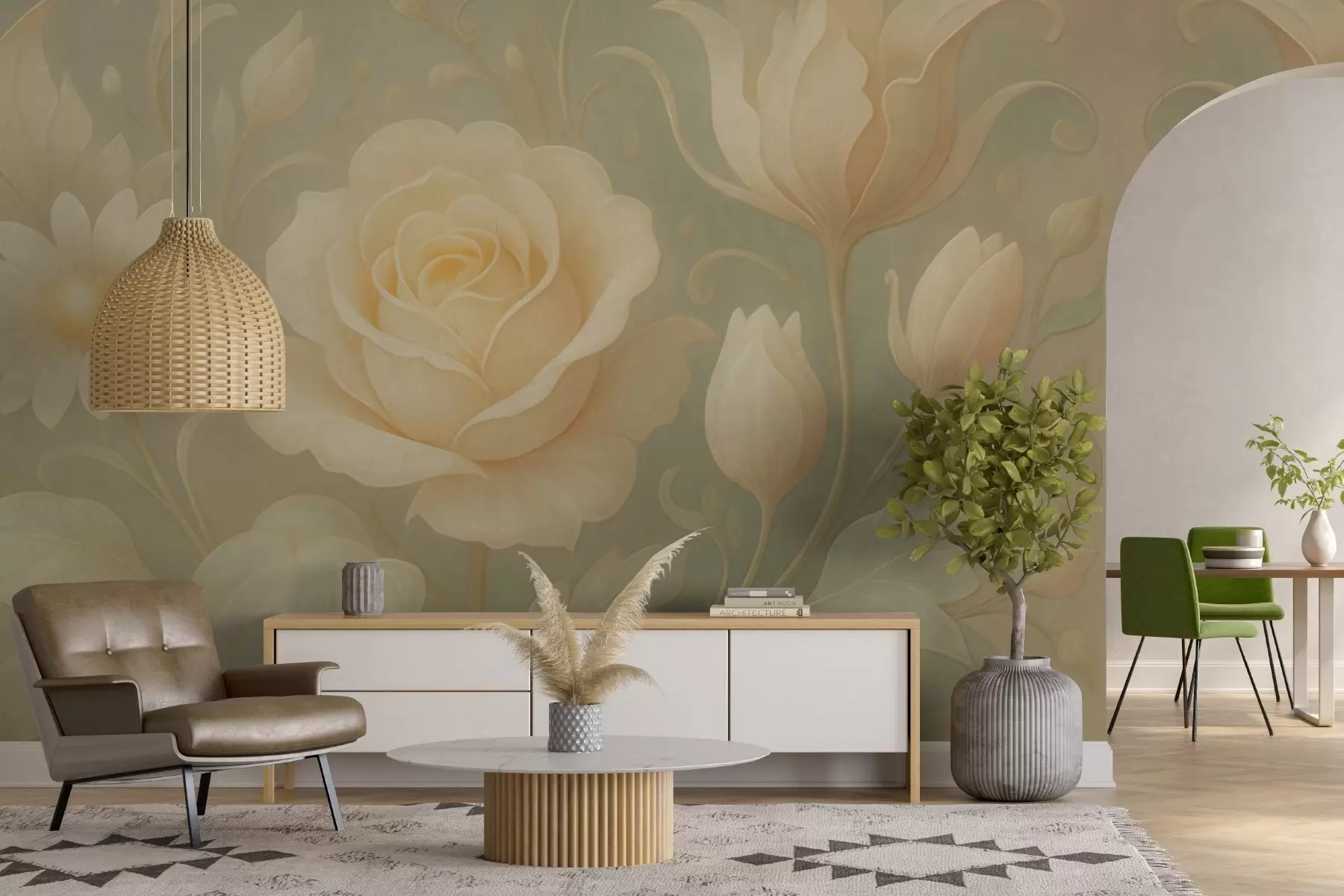 murales de pared Delicada composición vintage con rosas beige sobre fondo verde claro w09499