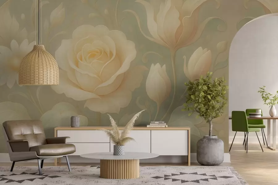 murales de pared Delicada composición vintage con rosas beige sobre fondo verde claro w09499