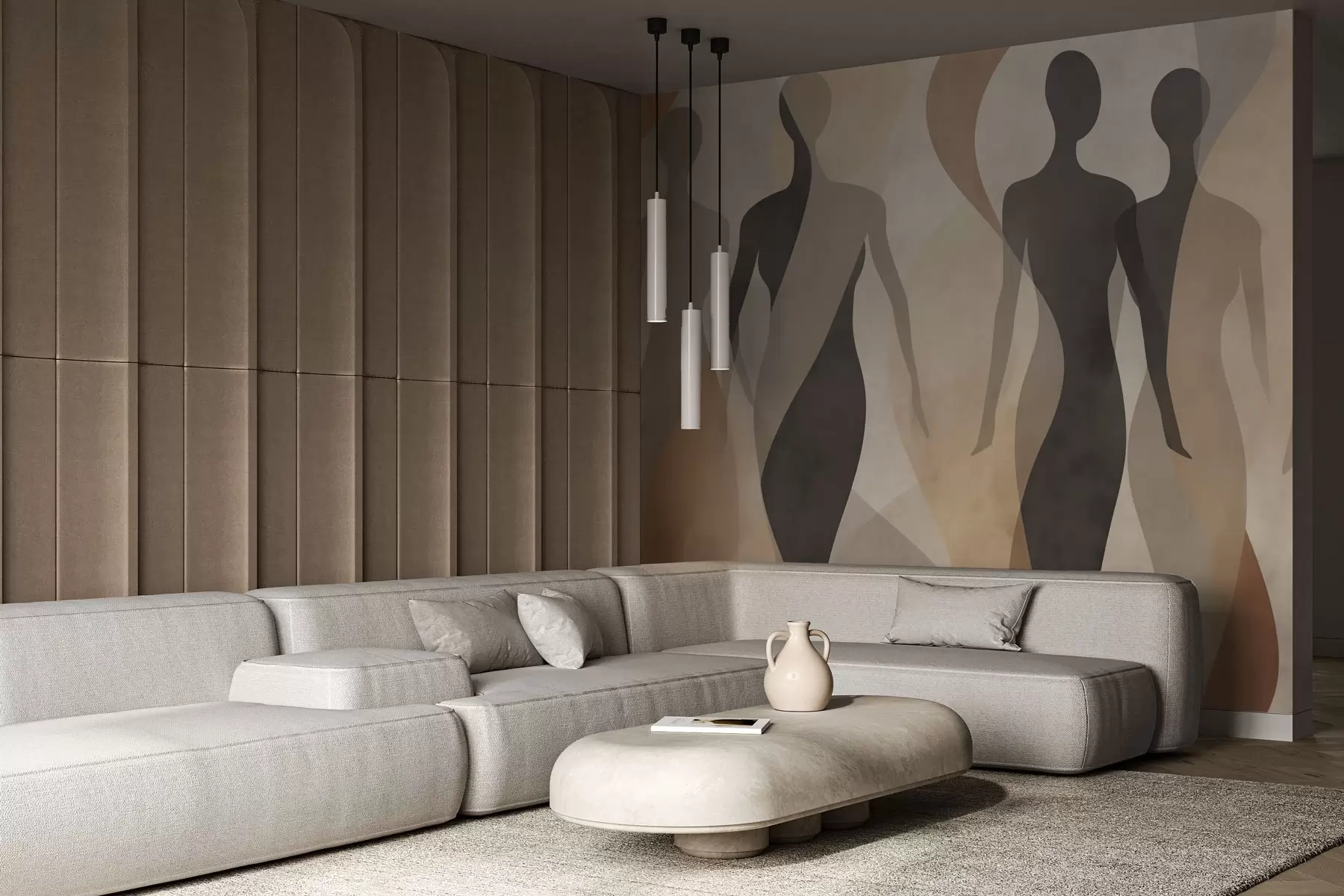 murales de pared Siluetas y suaves ondas en cálidos tonos beige grisáceos w04787