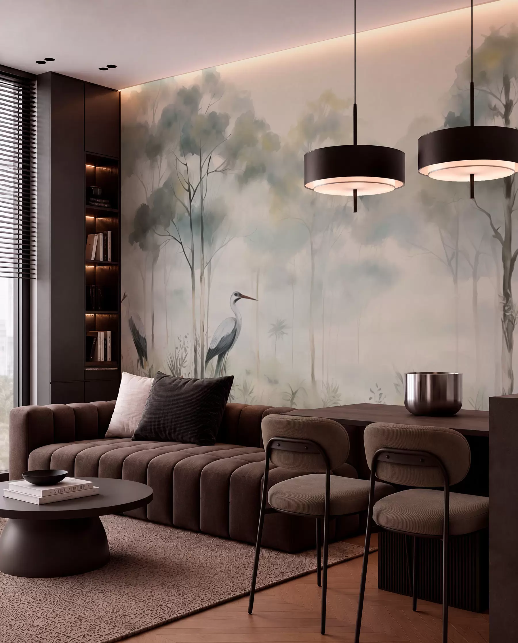 murales de pared Garzas junto al bosque brumoso w04788