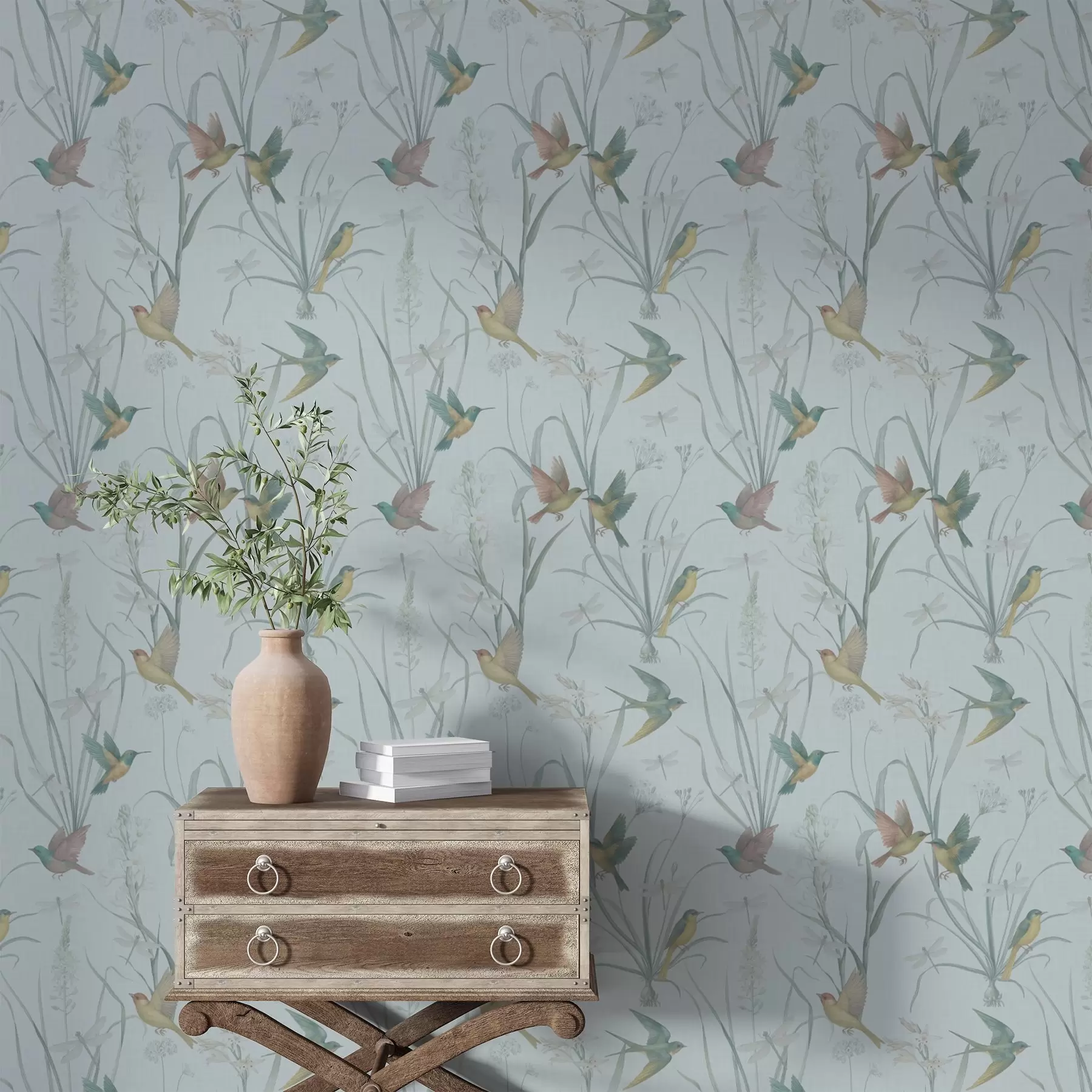 murales de pared Pájaros entre la hierba del prado sobre un fondo gris azulado. a00776