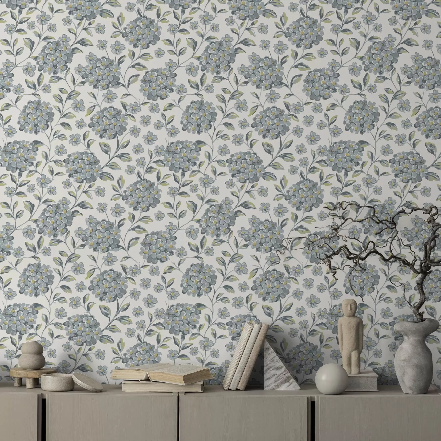 murales de pared Flores y hojas frondosas en una paleta de colores gris azulados a00778
