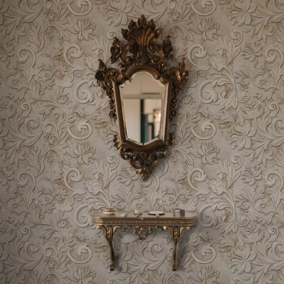 Papel pintado Relieve en piedra con volutas florales, beige vintage a00784