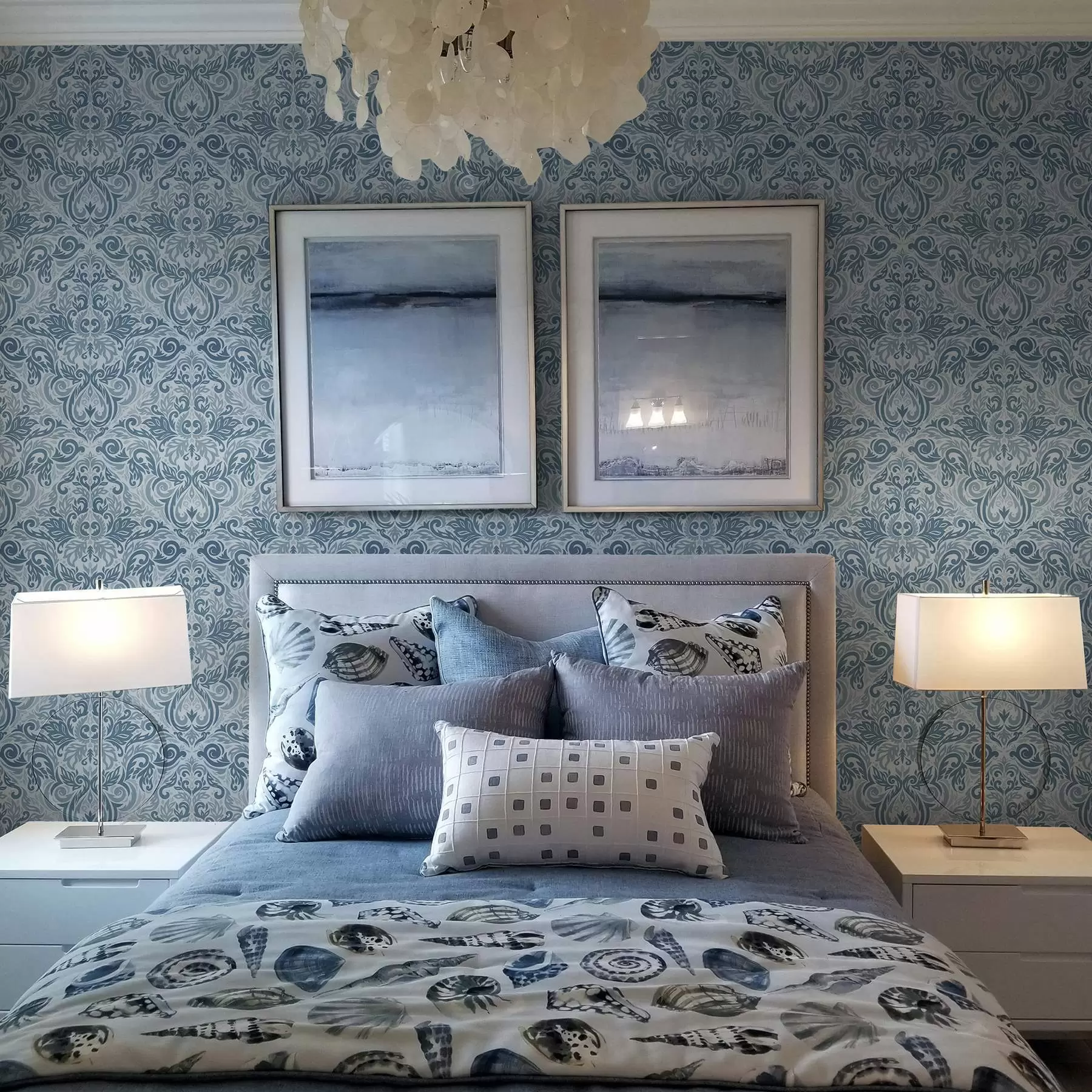 murales de pared Damasco clásico, azul oscuro sobre azul claro a00826