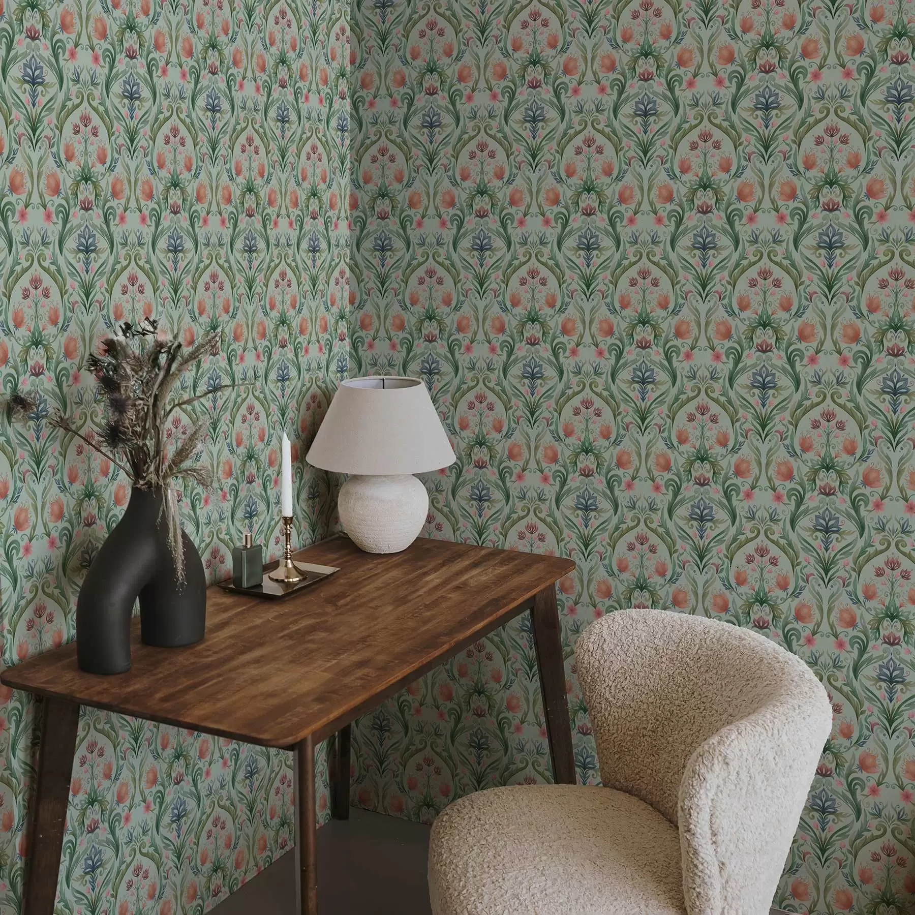 murales de pared Adorno floral simétrico, paleta de colores menta y crema a00827v1
