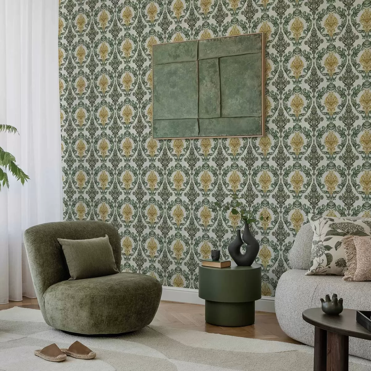 Papel pintado Damasco con volutas verdes sobre fondo claro. a00828v1