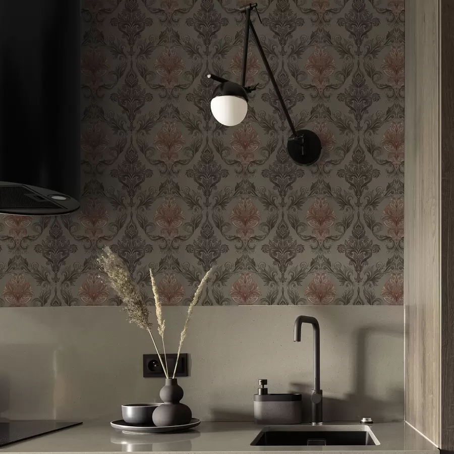 murales de pared Damasco terracota sobre fondo oliva apagado a00828v3