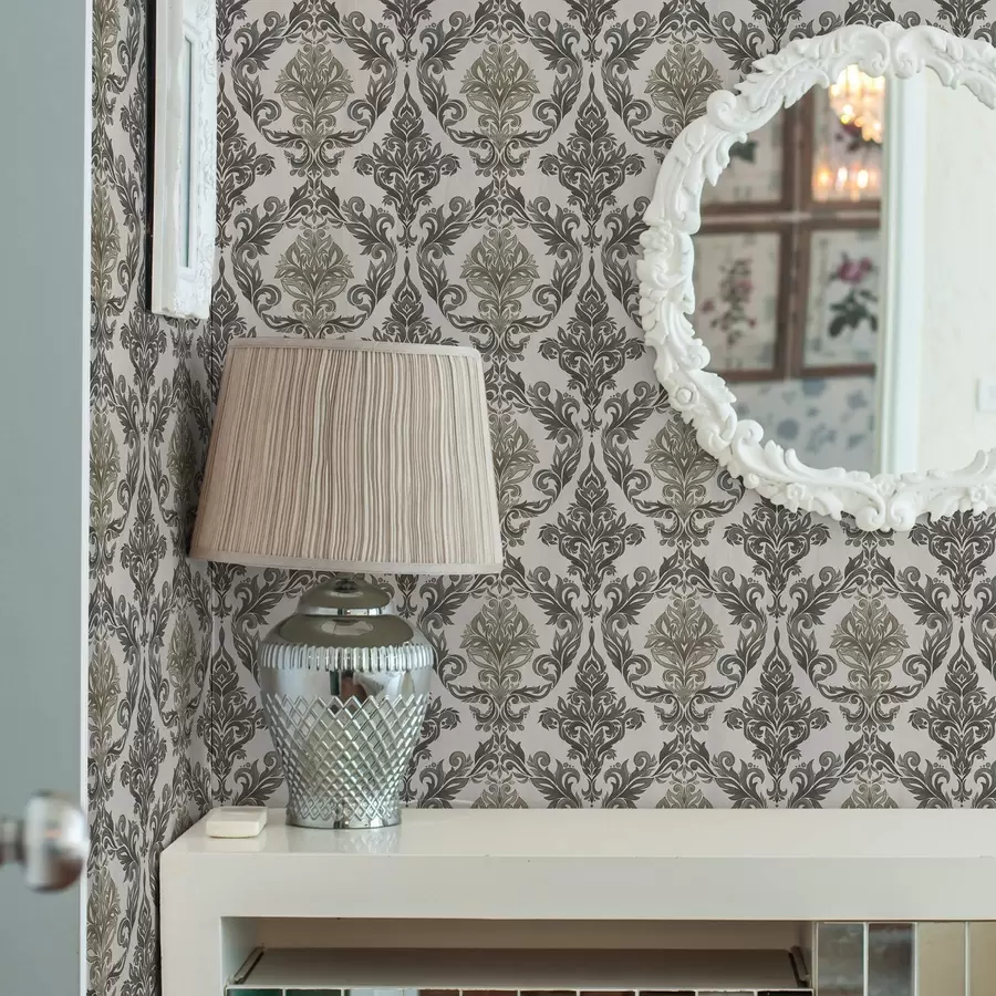 murales de pared Damasco sobre fondo claro, detalles en bronce oliva. a00828v6