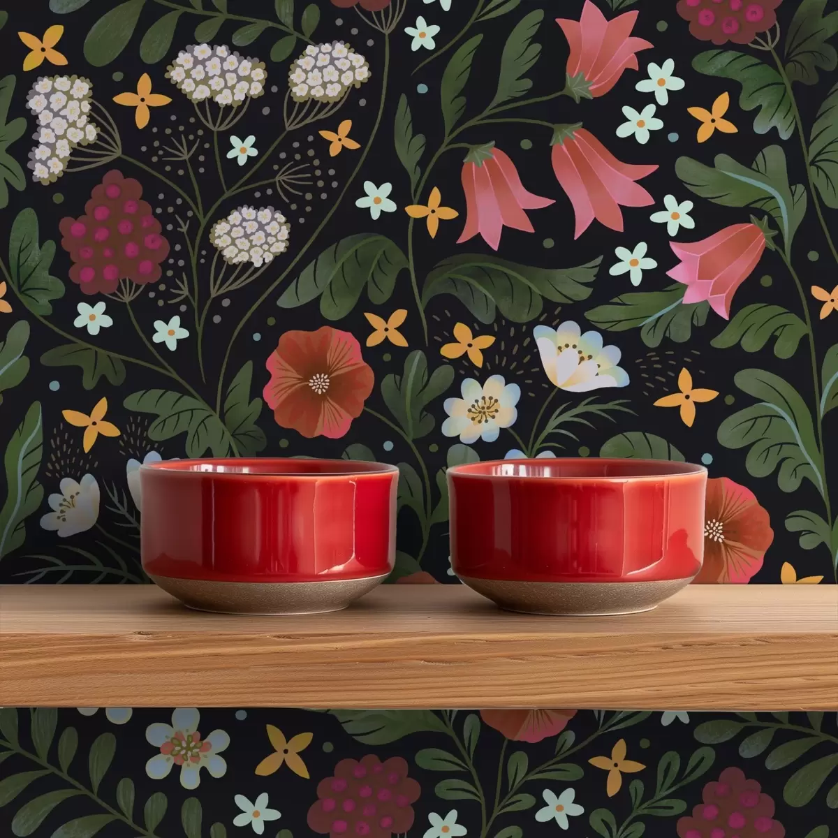 Papel pintado Flores silvestres y bayas sobre fondo negro intenso a00849v3