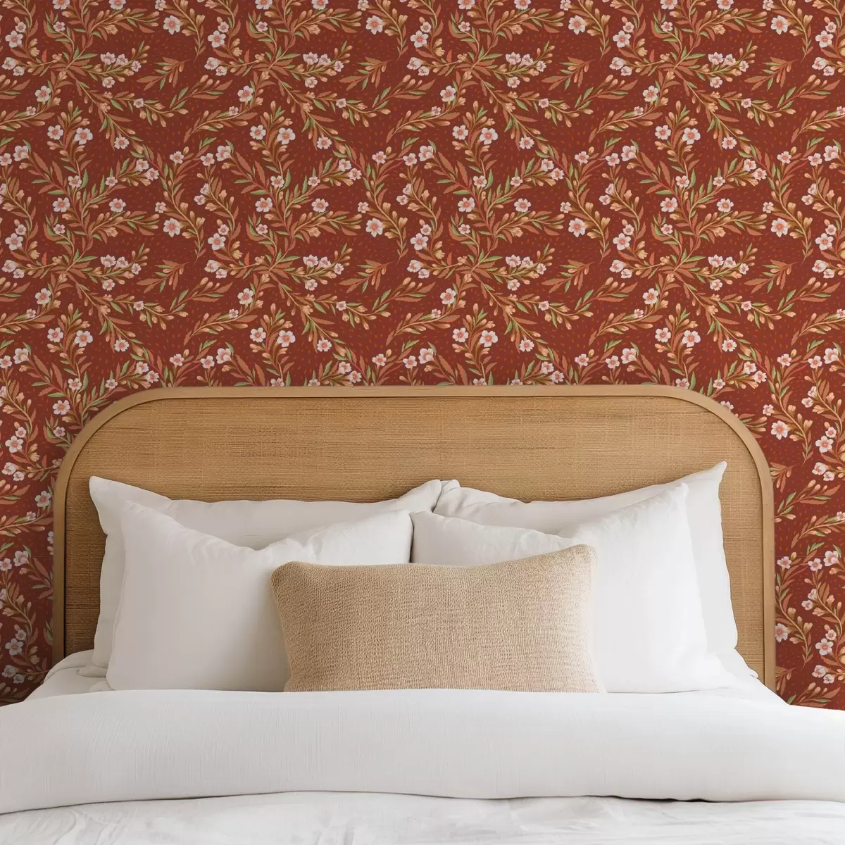 Papel pintado Ramas con flores blancas sobre fondo terracota a00850v1