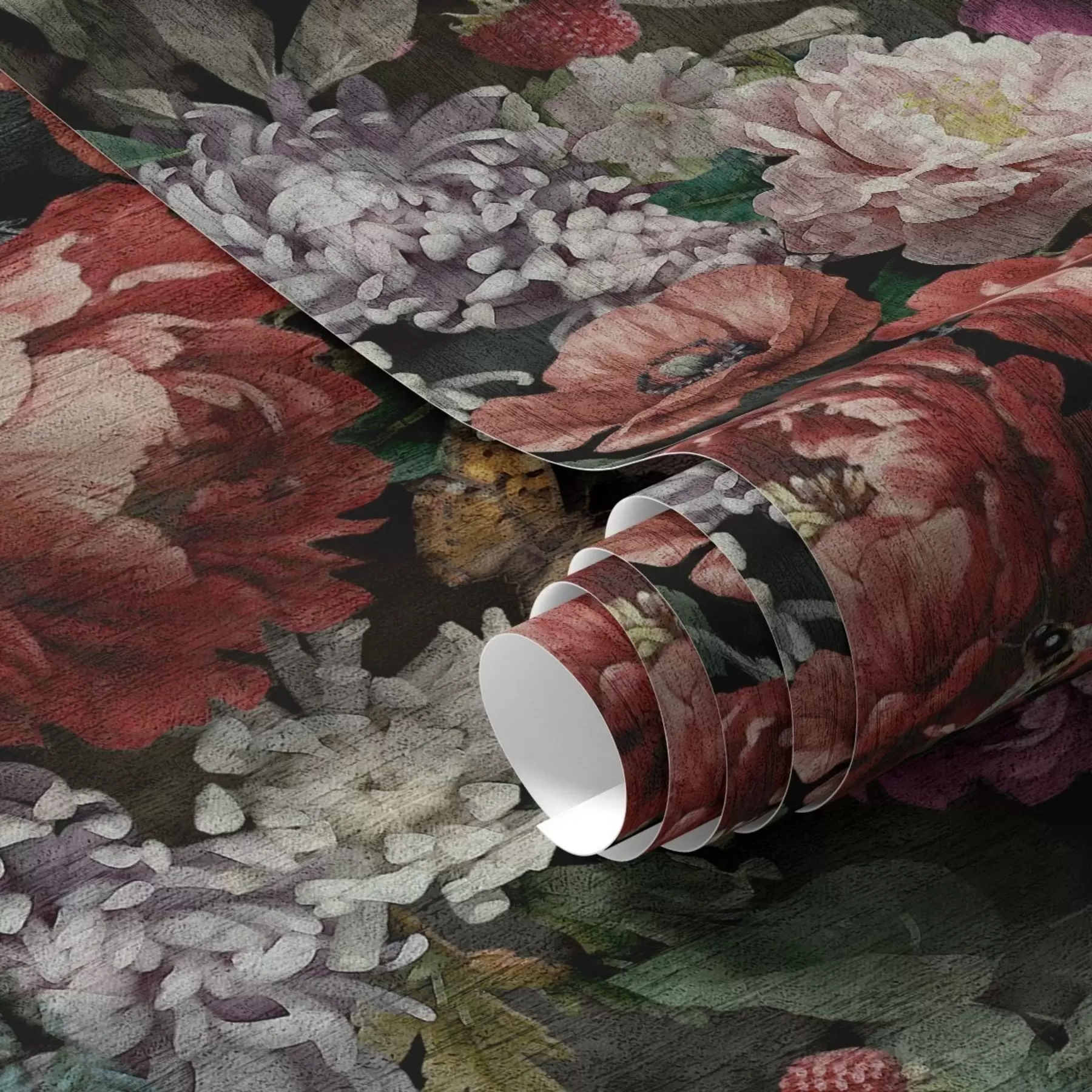 murales de pared Peonías oscuras y dramáticas, bayas y mariposa sobre fondo negro a00862