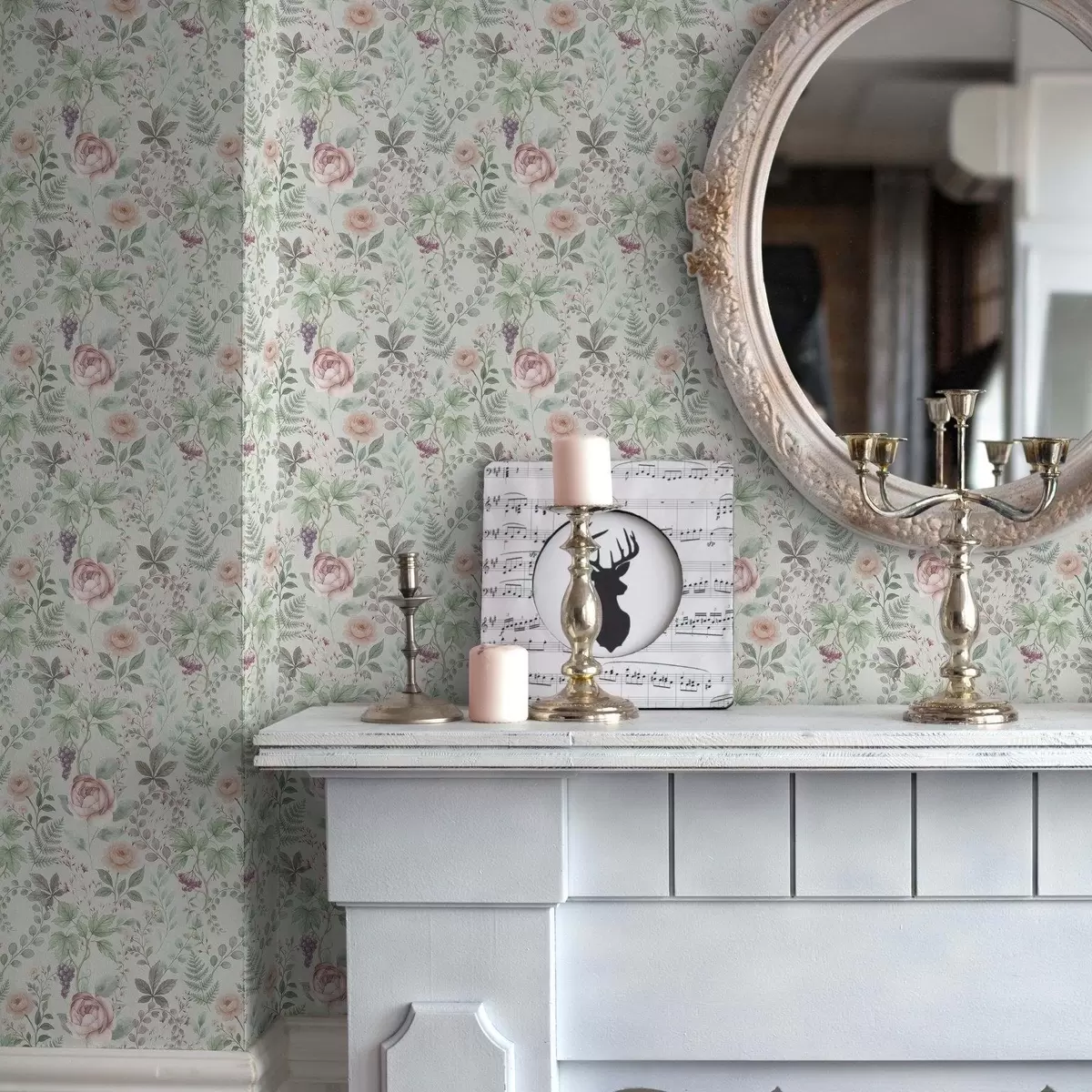 murales de pared Jardín en tonos pastel con rosas, helechos y uvas. a00867