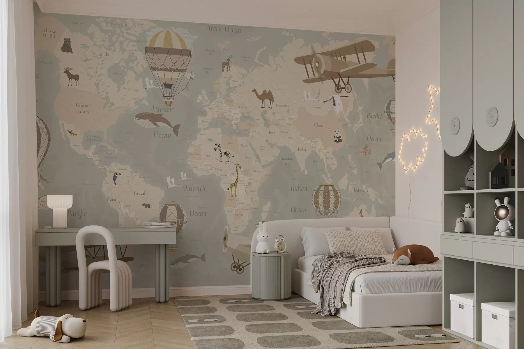 murales de pared Mapa del mundo para niños con animales, aviones y globos aerostáticos. En español. Color beige. c00003es