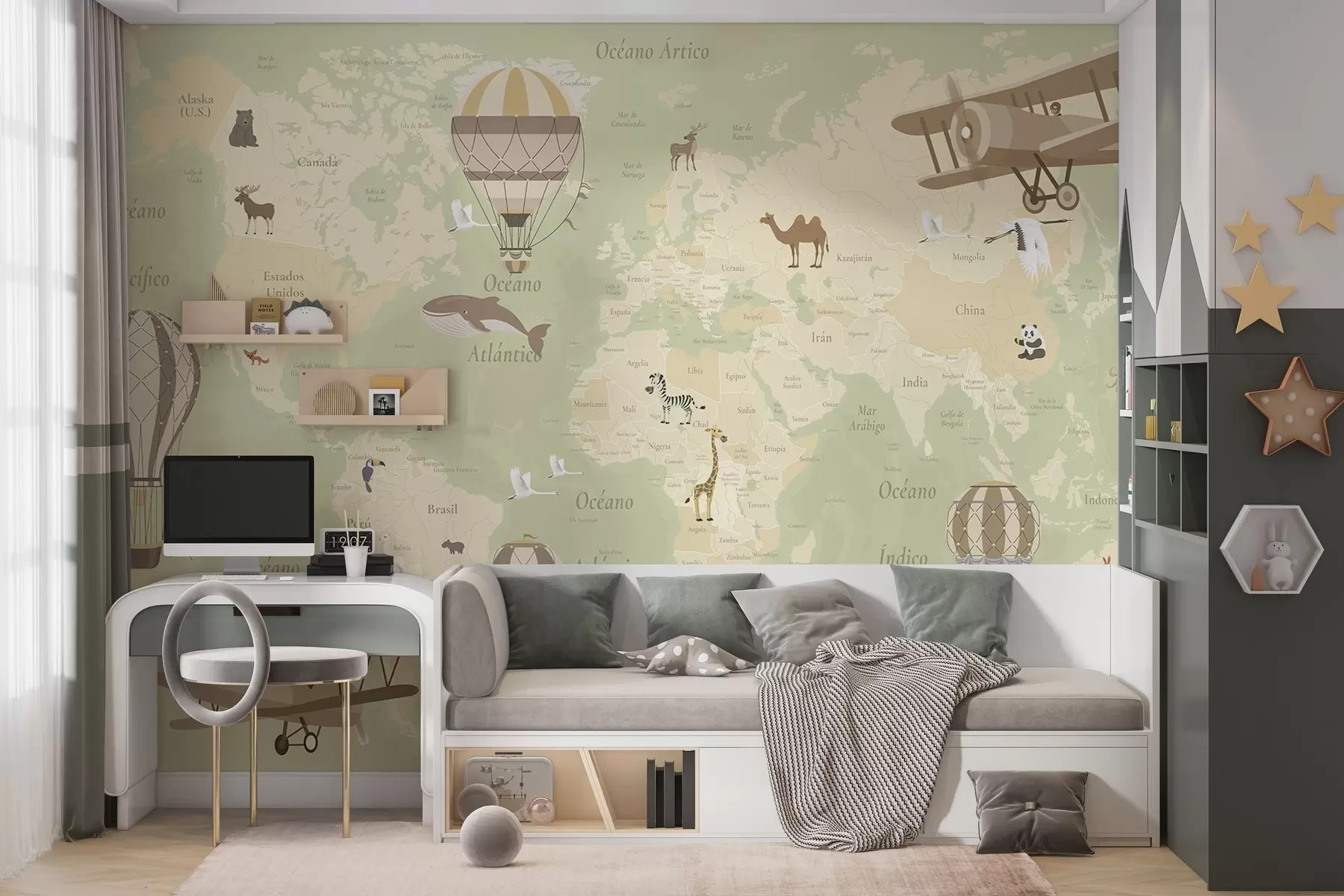 murales de pared Mapa del mundo para niños con animales, aviones y globos aerostáticos. En español. Color verde. c00003esv2