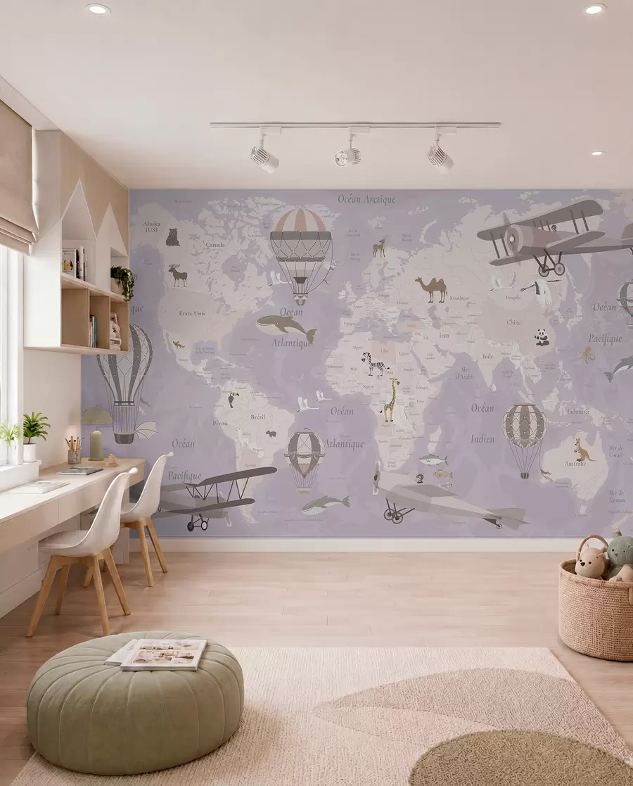 murales de pared Mapa del mundo para niños con animales, aviones y globos aerostáticos. En francés. Color morado. c00003frv4
