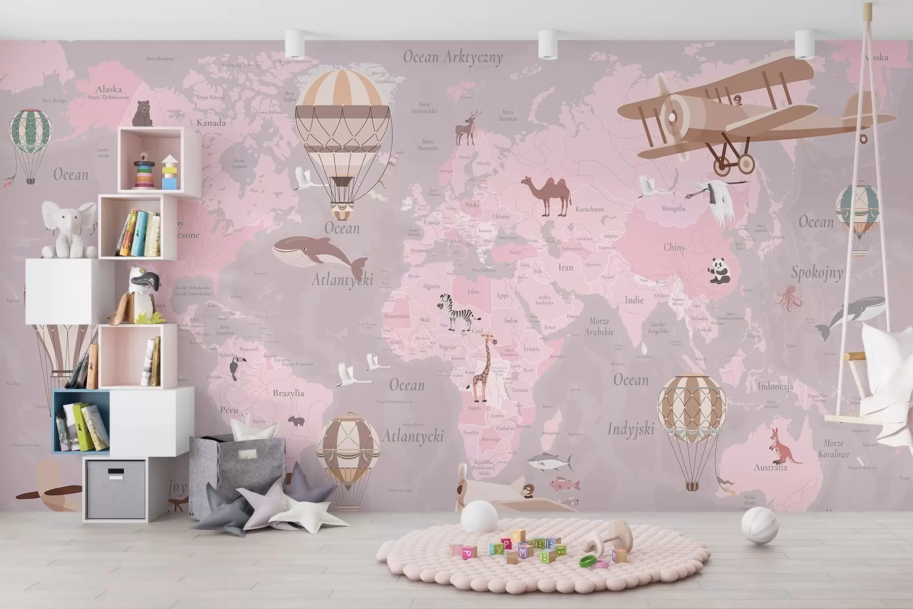 murales de pared Mapa del mundo para niños con animales, aviones y globos aerostáticos. Idioma polaco. Color rosa. c00003plv3
