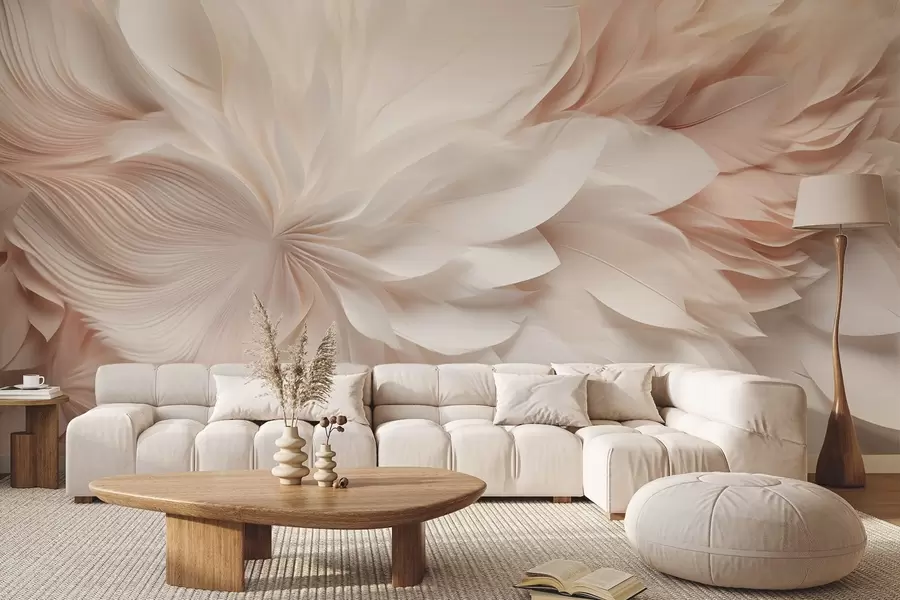 murales de pared Delicadas plumas abstractas en movimiento en tonos beige y crema w09509