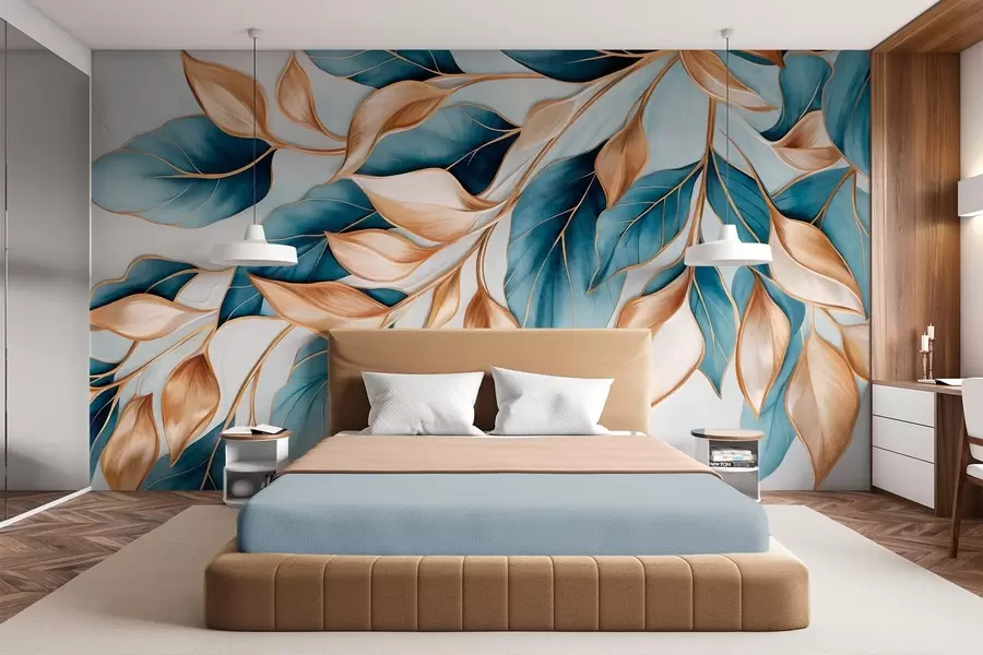 murales de pared Hojas azules y naranjas con textura, fondo azul claro, diseño elegante y artístico, estilo moderno. w09429