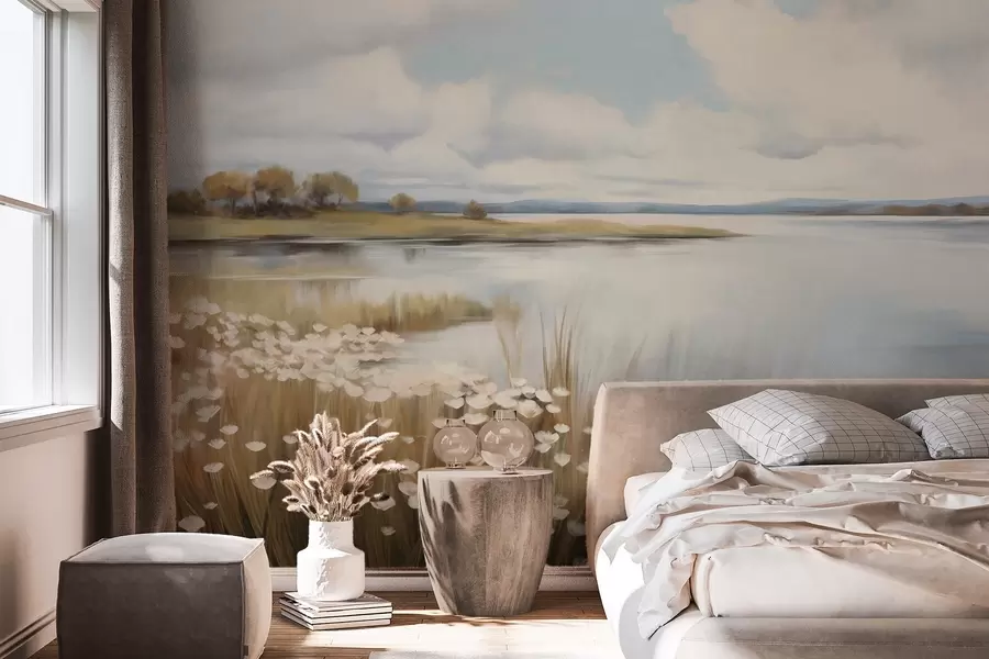 murales de pared Paisaje con textura, campo de flores blancas y hierba alta, un lago al fondo, una colina cubierta de hierba con árboles, colores suaves w09530