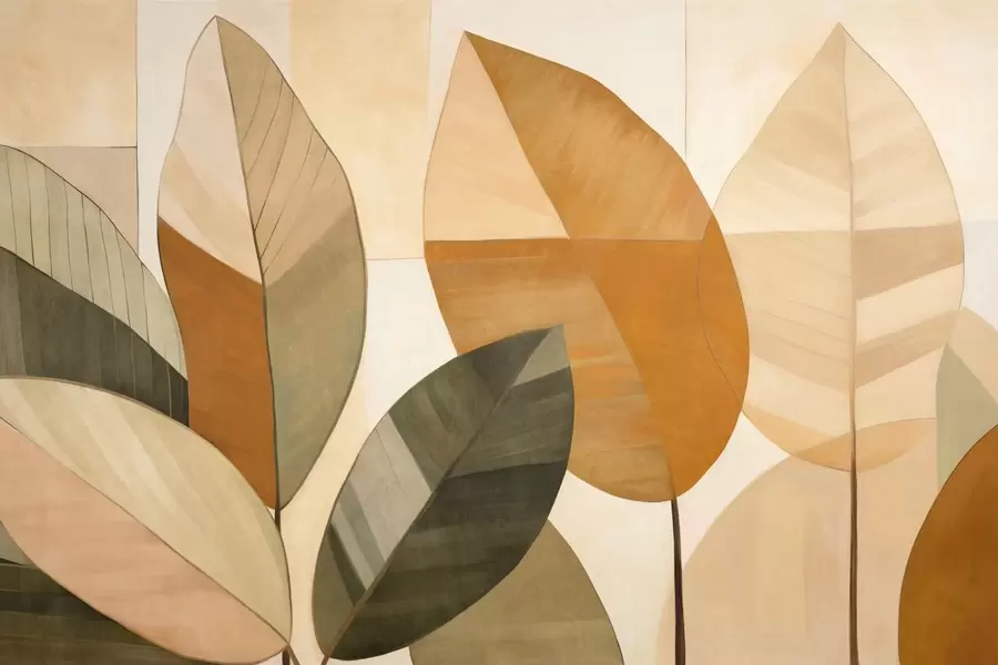 murales de pared Hojas abstractas grandes en tonos naranjas, marrones y verdes, con textura, dispuestas sobre un fondo claro w09539