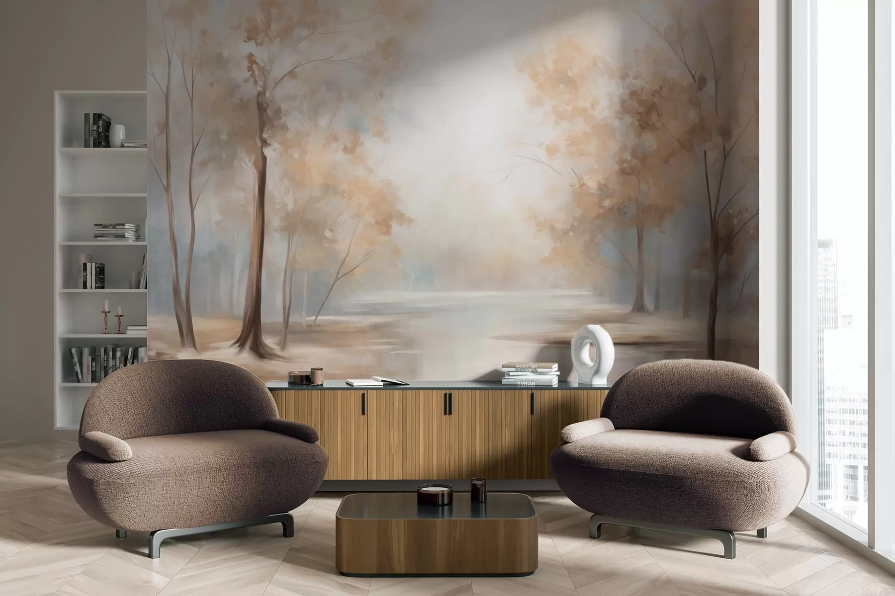 murales de pared Paisaje otoñal con árboles y un río, colores suaves, atmósfera ligera y aireada, escena pacífica y tranquila w09541