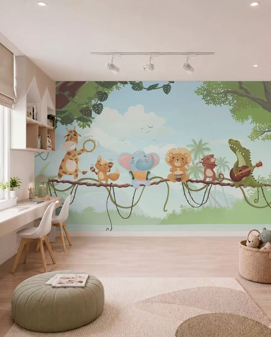 murales de pared Animales con instrumentos musicales frente a un paisaje tropical w04505