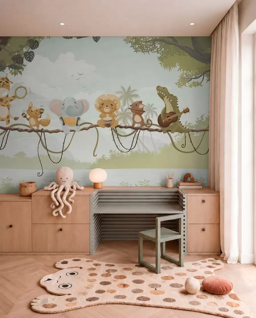 murales de pared Animales con instrumentos musicales frente a un paisaje tropical w04505v1