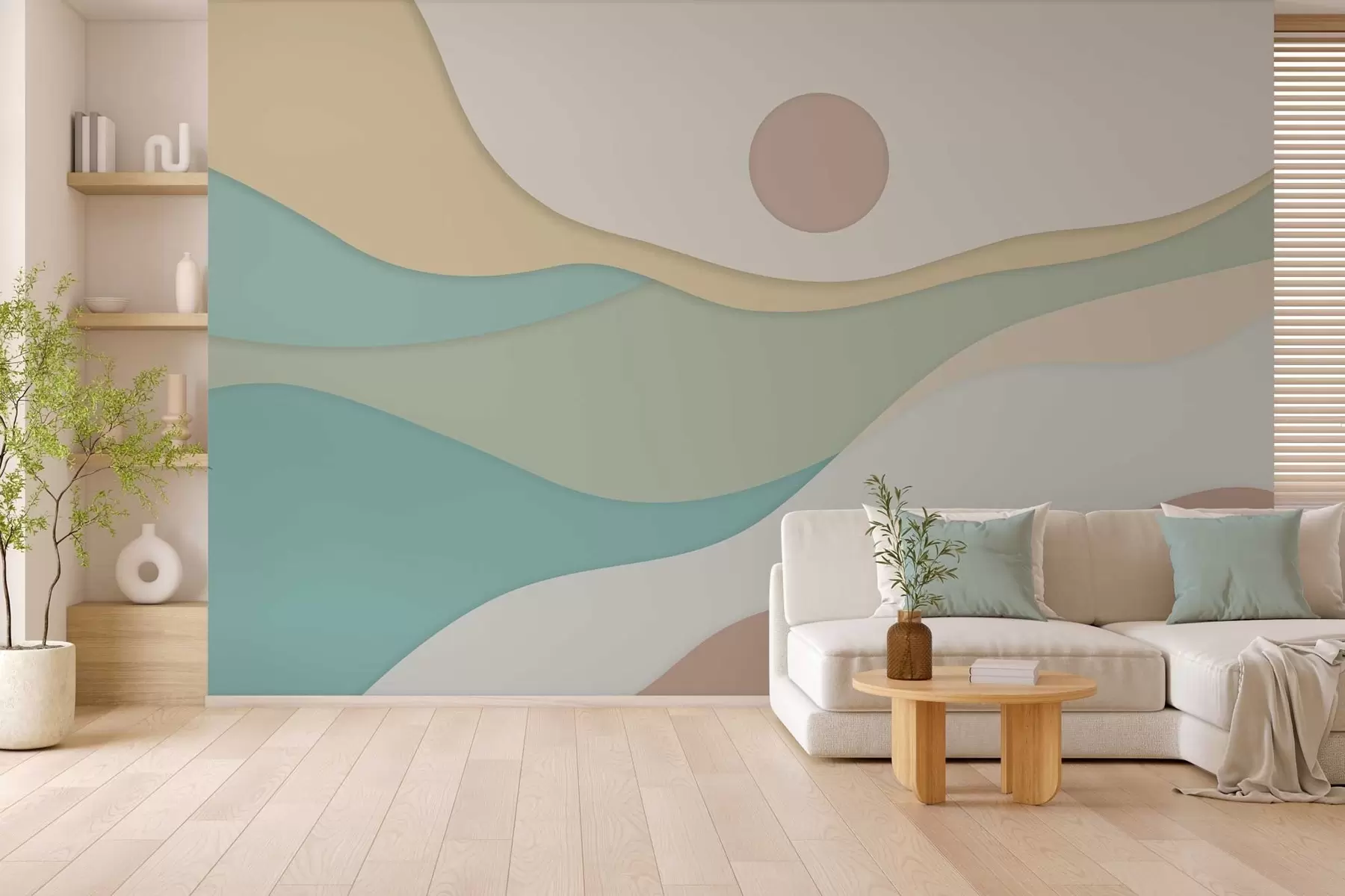 murales de pared Abstracción minimalista con formas suaves y onduladas que recuerdan paisajes fluidos y dunas w04874