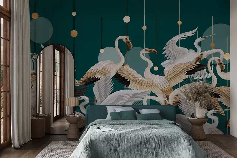 murales de pared Una bandada de flamencos blancos con delicadas alas, sobre un fondo verde azulado oscuro con líneas y círculos amarillos w09546