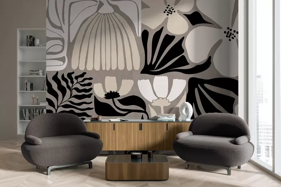 murales de pared Flores y hojas estilizadas de estilo minimalista moderno en beige, negro y blanco, con textura sobre fondo gris w09547