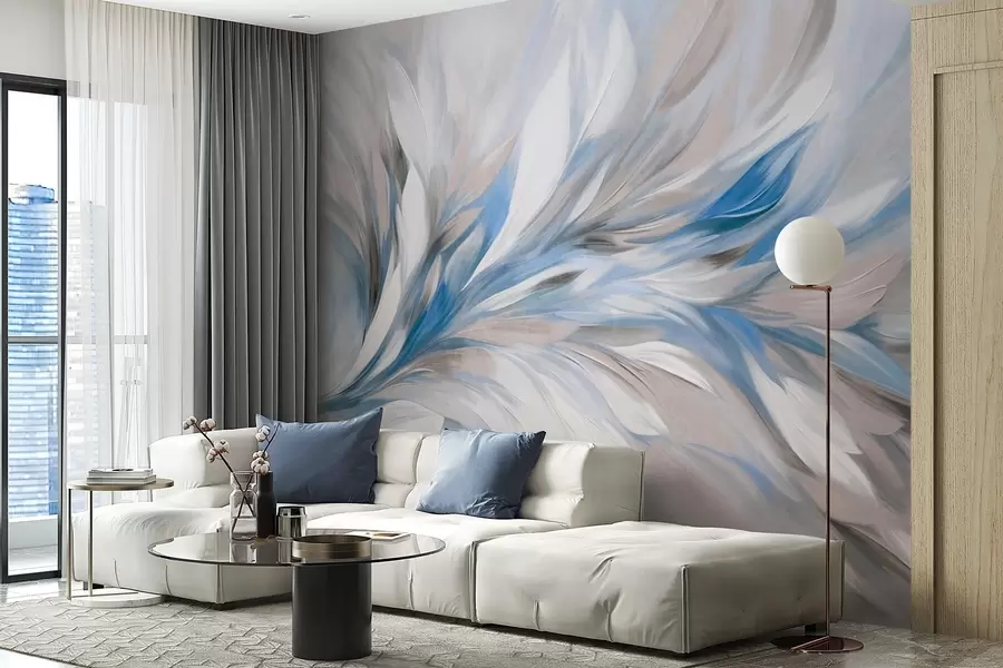 murales de pared Estilo de pintura abstracta con pinceladas texturizadas en blanco, azul y gris sobre un fondo suave y claro w09552v1