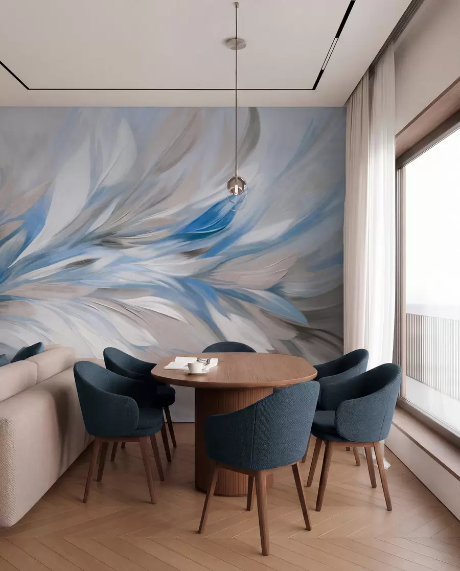murales de pared Estilo de pintura abstracta con pinceladas texturizadas en blanco, azul y gris sobre un fondo suave y claro w09552v1